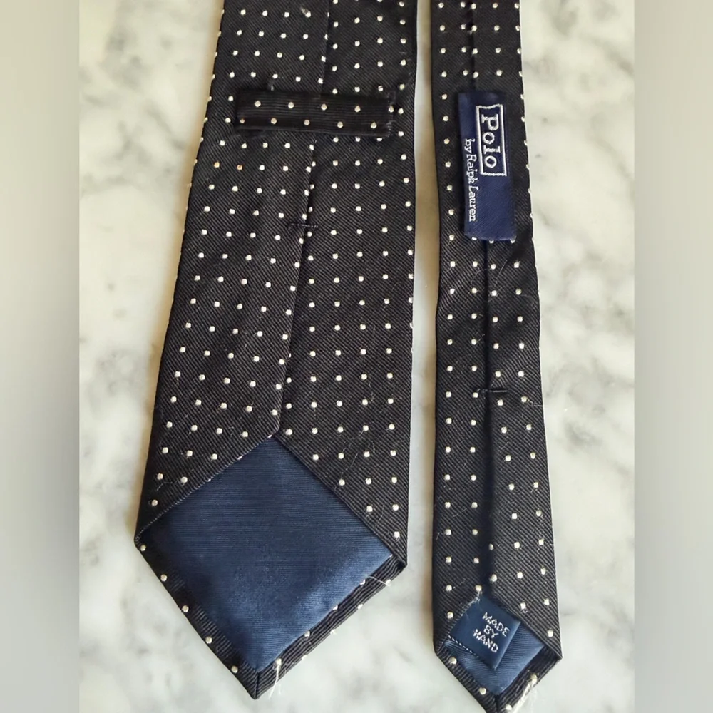 Classic Polo by Ralph Lauren Black Tie w White Polka Dots Formal Office Handmade